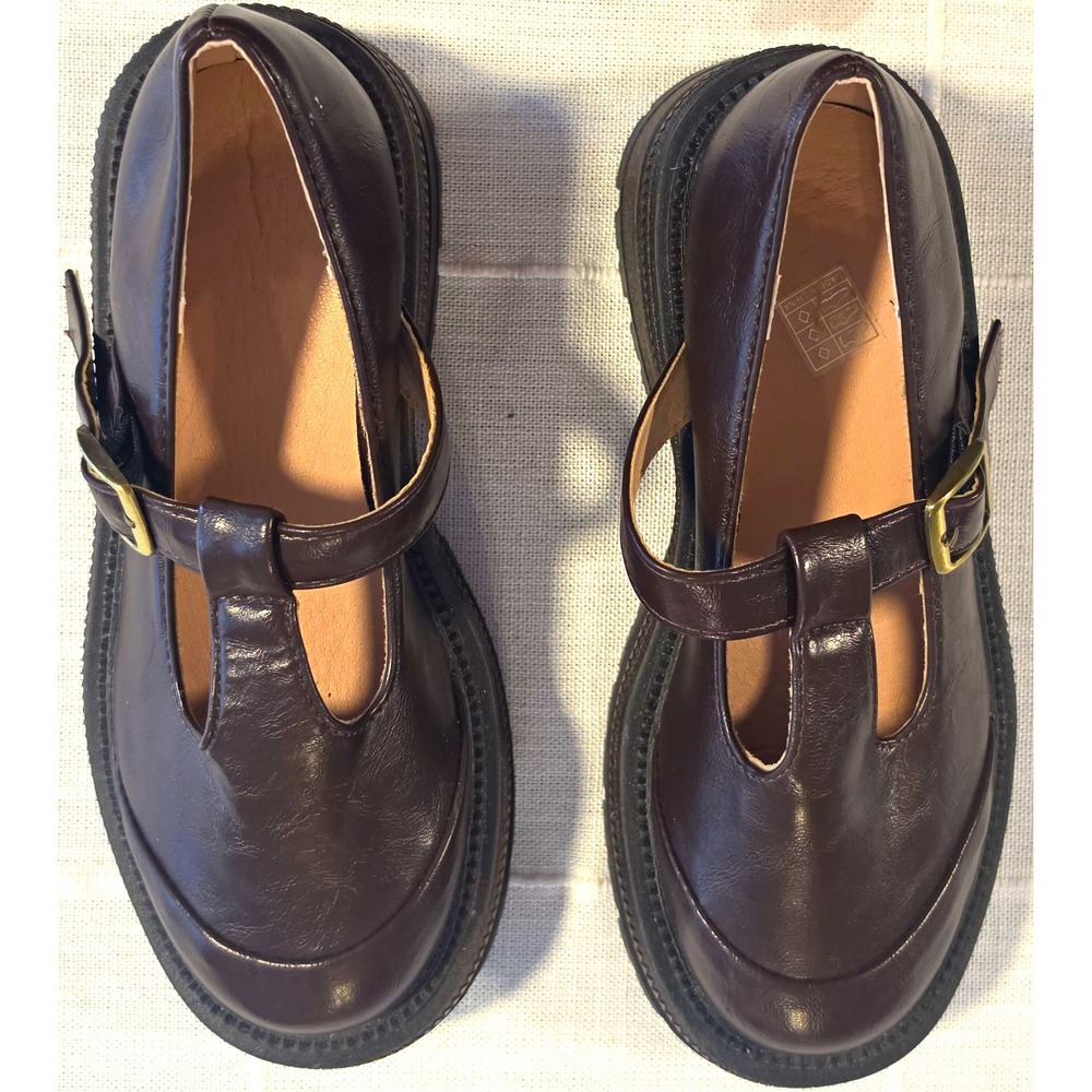 Women's Brown Faux Leather Mary Jane Flats Round Toe Buckle Straps 6.5